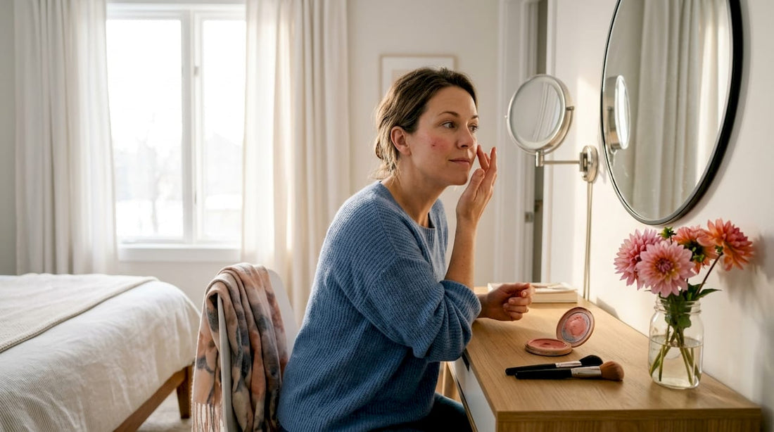 Woman applying makeup at sunlit vanity