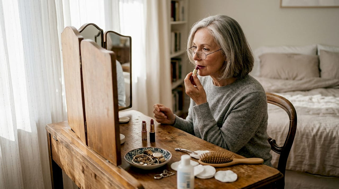 Mature woman applying lipstick at home vanity