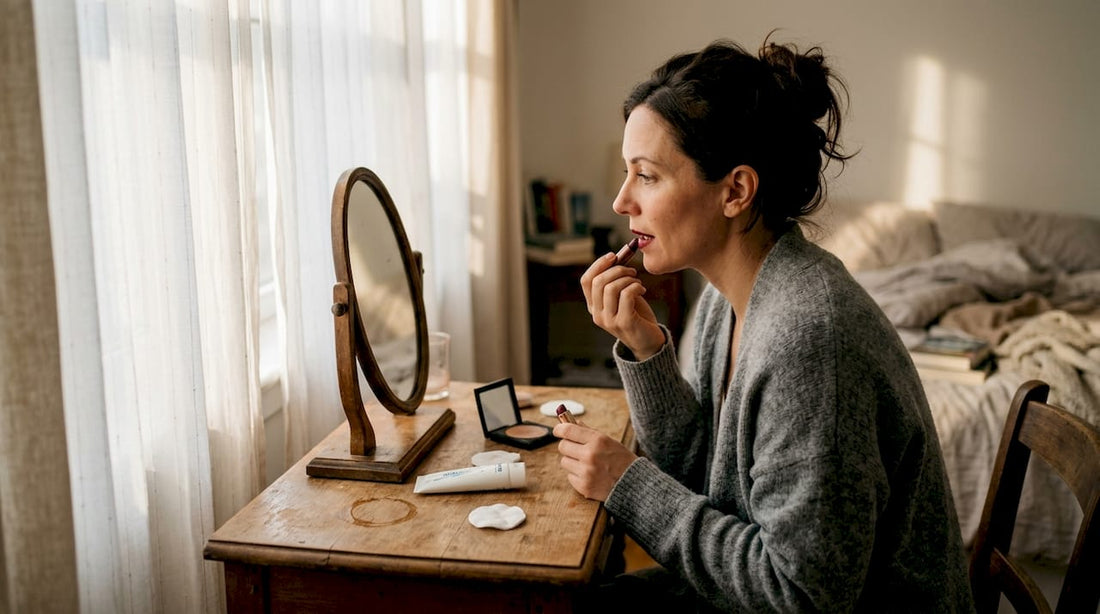 Woman applying bold lipstick at home vanity