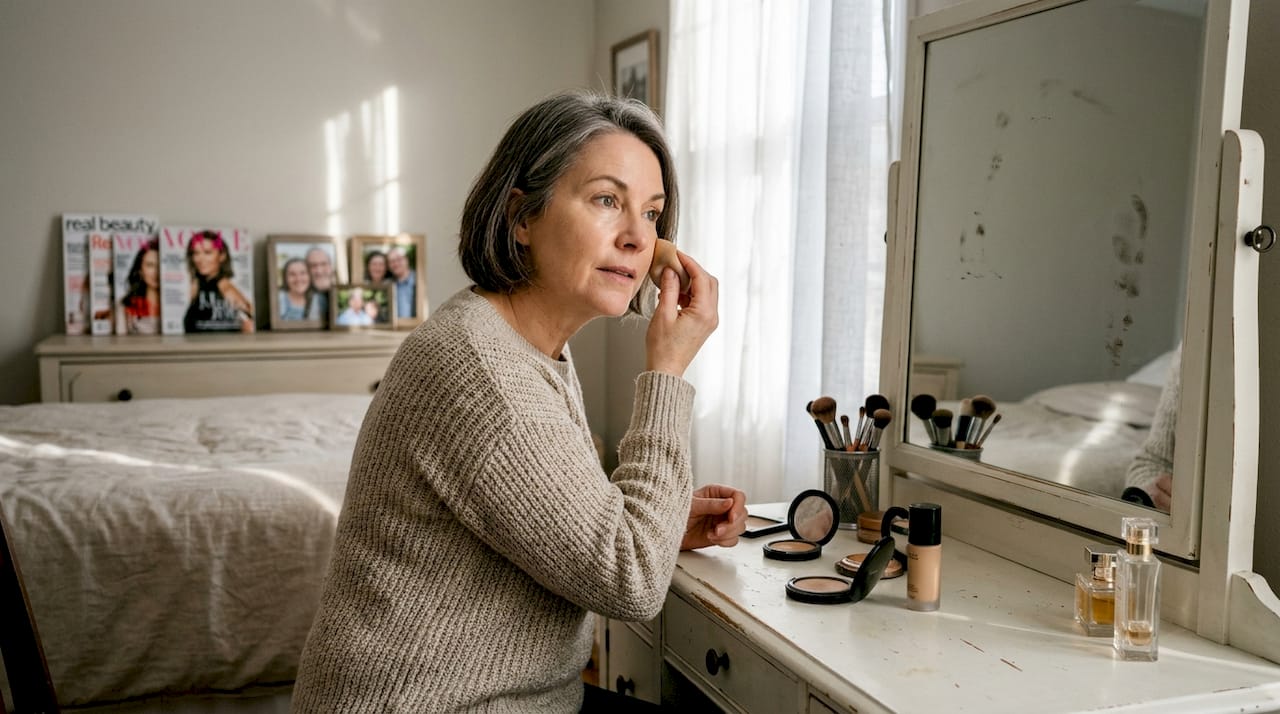 Woman applying makeup at home vanity