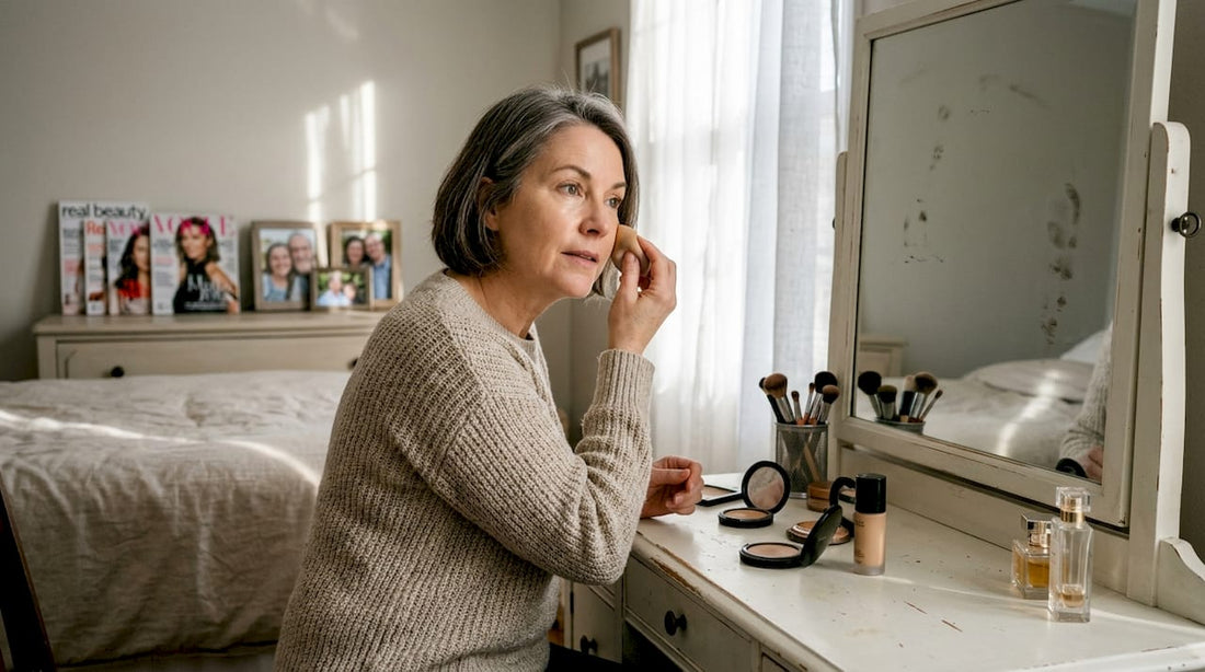 Woman applying makeup at home vanity