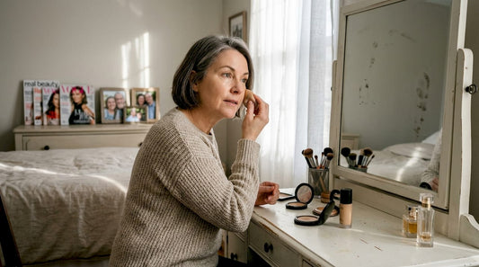 Woman applying makeup at home vanity