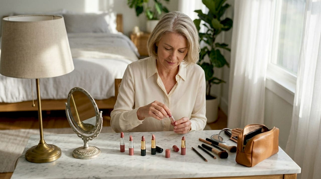 Woman choosing lipstick at vanity table