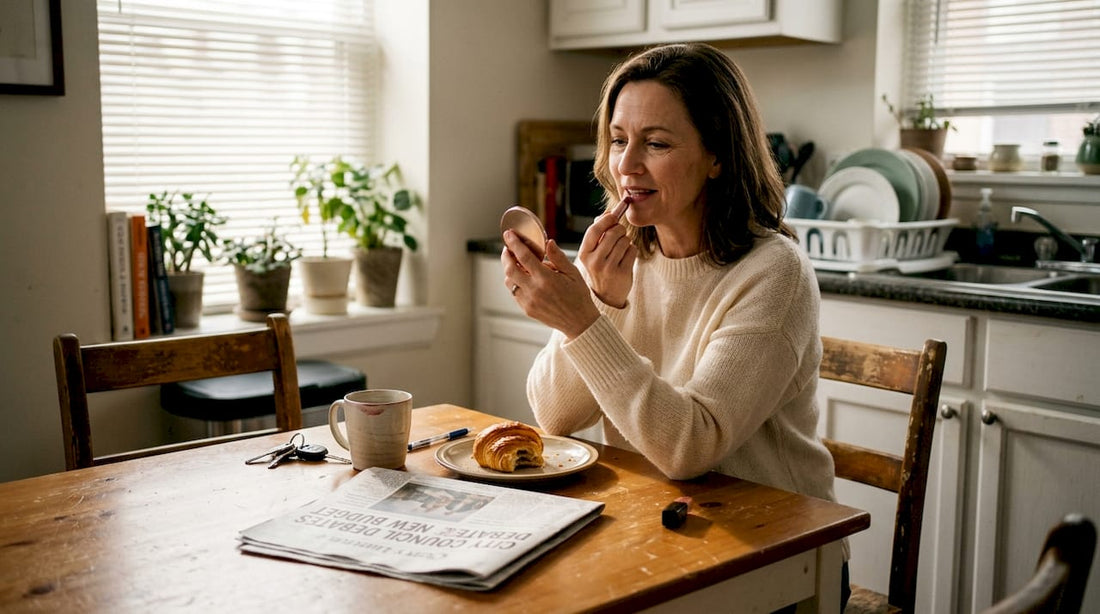 Woman over 40 applying lipstick at kitchen table