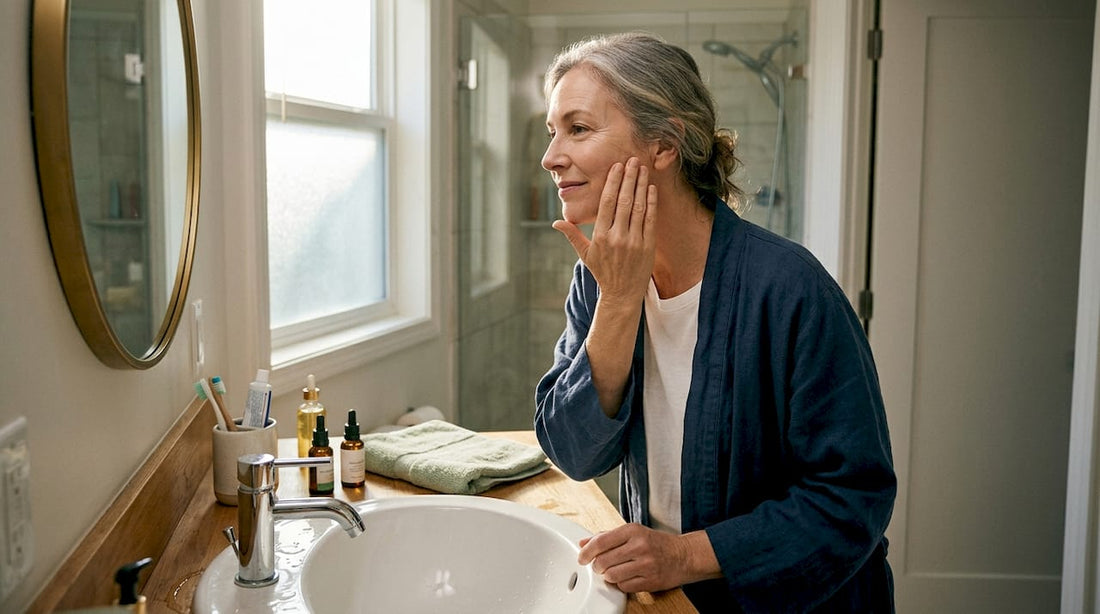 Mature woman applying facial oil at bathroom sink