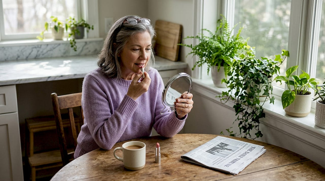 Mature woman applying lipstick in kitchen