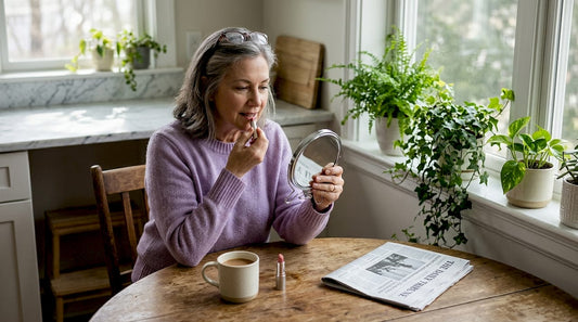 Mature woman applying lipstick in kitchen