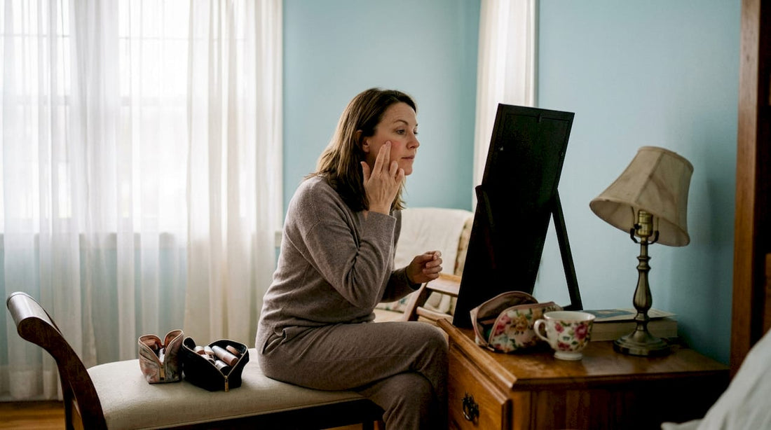 Woman in 40s applies spring makeup in bedroom