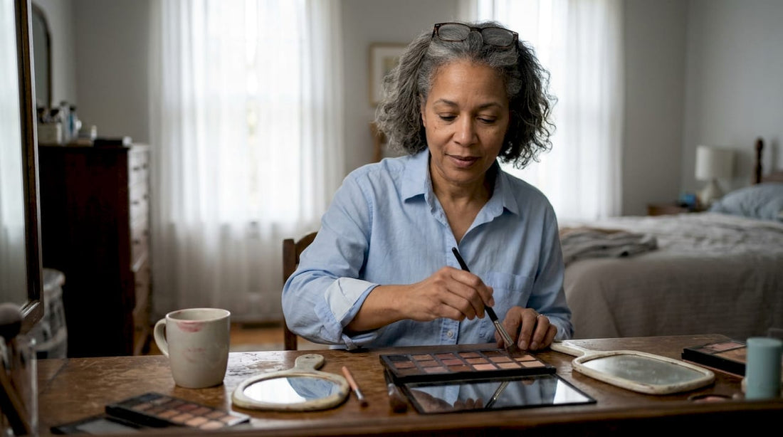 Woman over 50 using eyeshadow palette at vanity