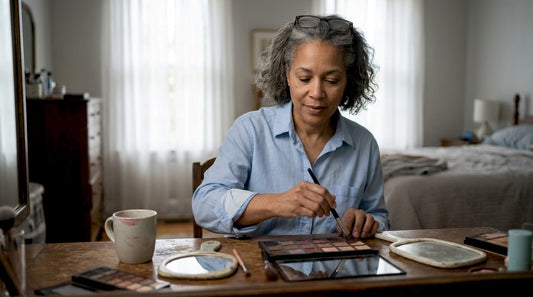 Woman over 50 using eyeshadow palette at vanity