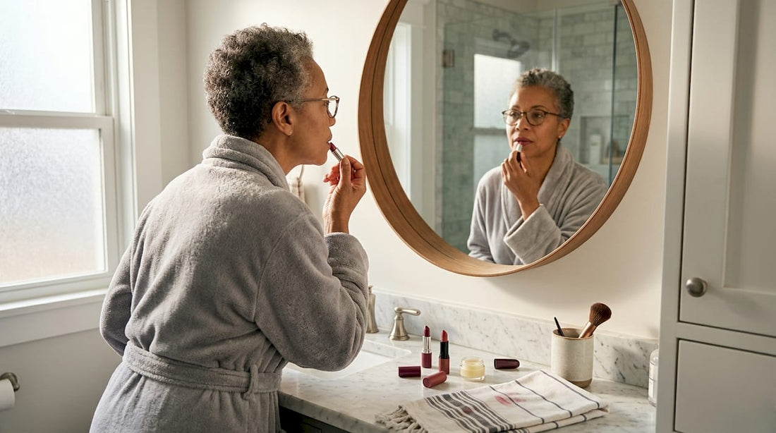 Mature woman applies lipstick at bathroom mirror