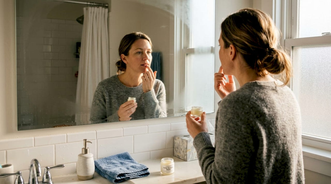 Woman applying lip balm morning routine