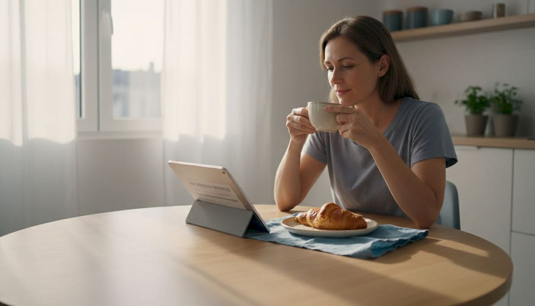 Woman in 40s with natural lips reading at kitchen table