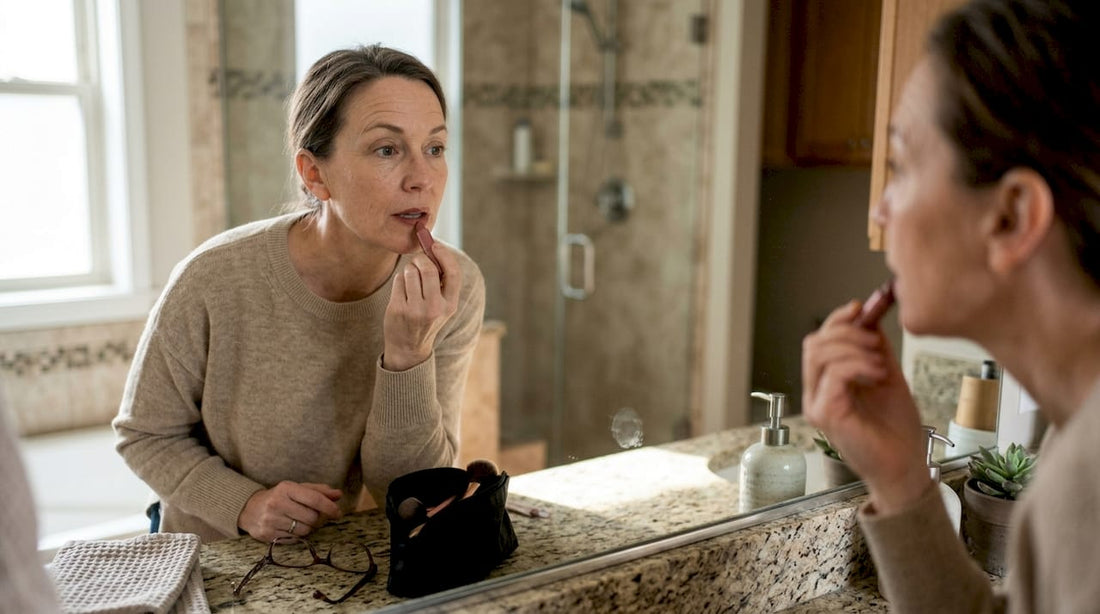 Mature woman applying lipstick at home mirror