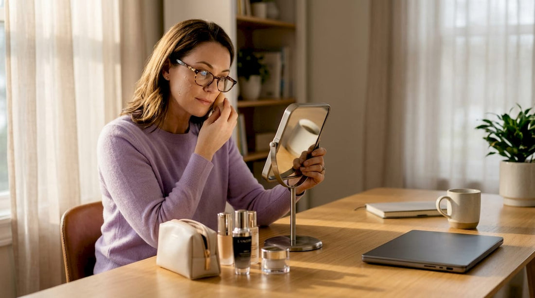 Woman applying foundation at vanity table