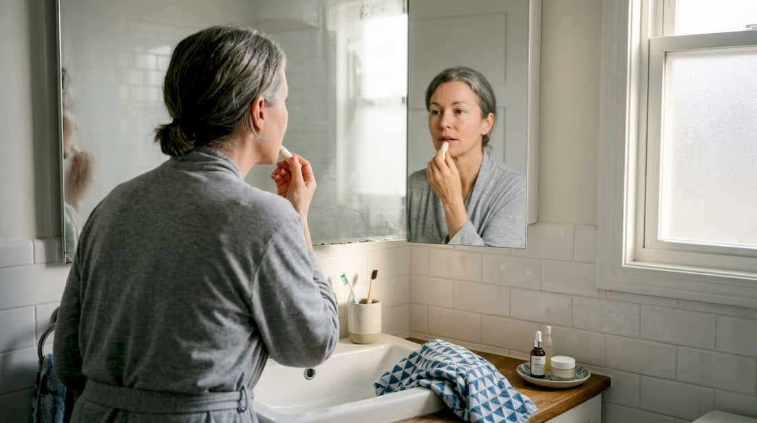 Woman applying lip balm in bathroom mirror