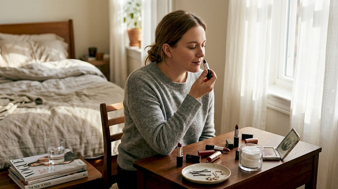 Woman checking lipstick for expiration signs