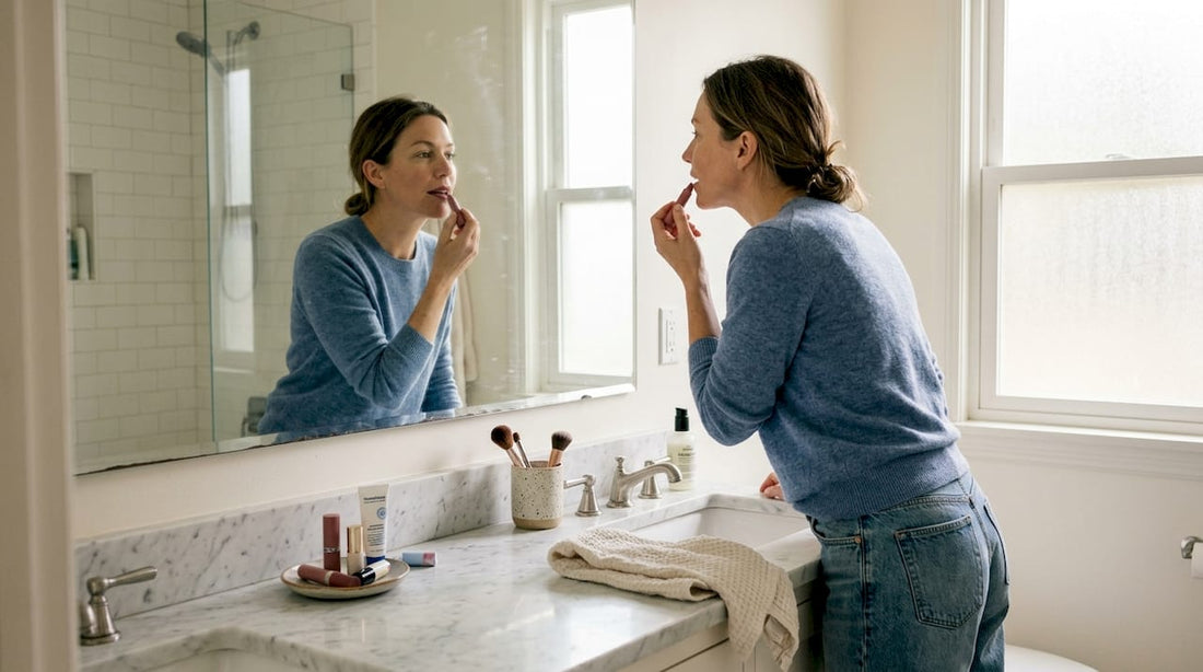 Woman applying matte lipstick in bathroom