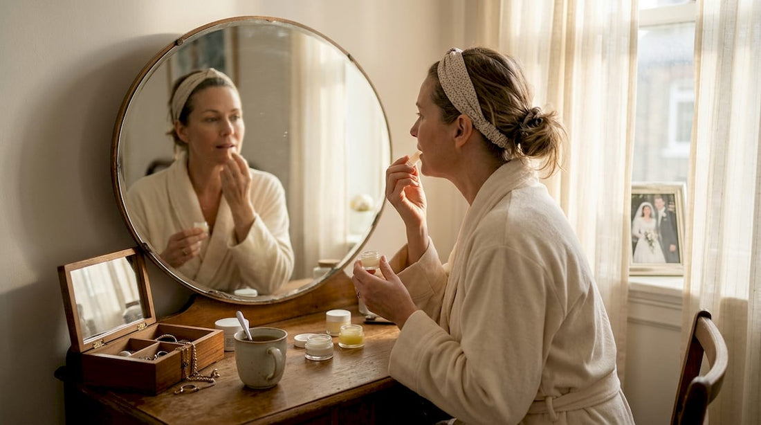 Woman applying lip balm at sunlit vanity