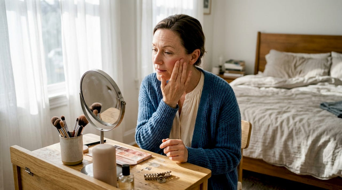 Woman applying makeup in natural bedroom