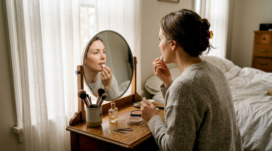 Woman in 40s applying lip balm by mirror