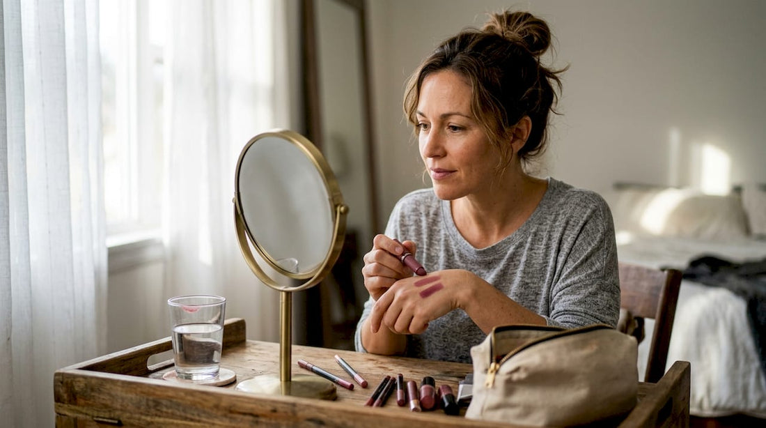 Woman over 40 choosing lipstick at vanity