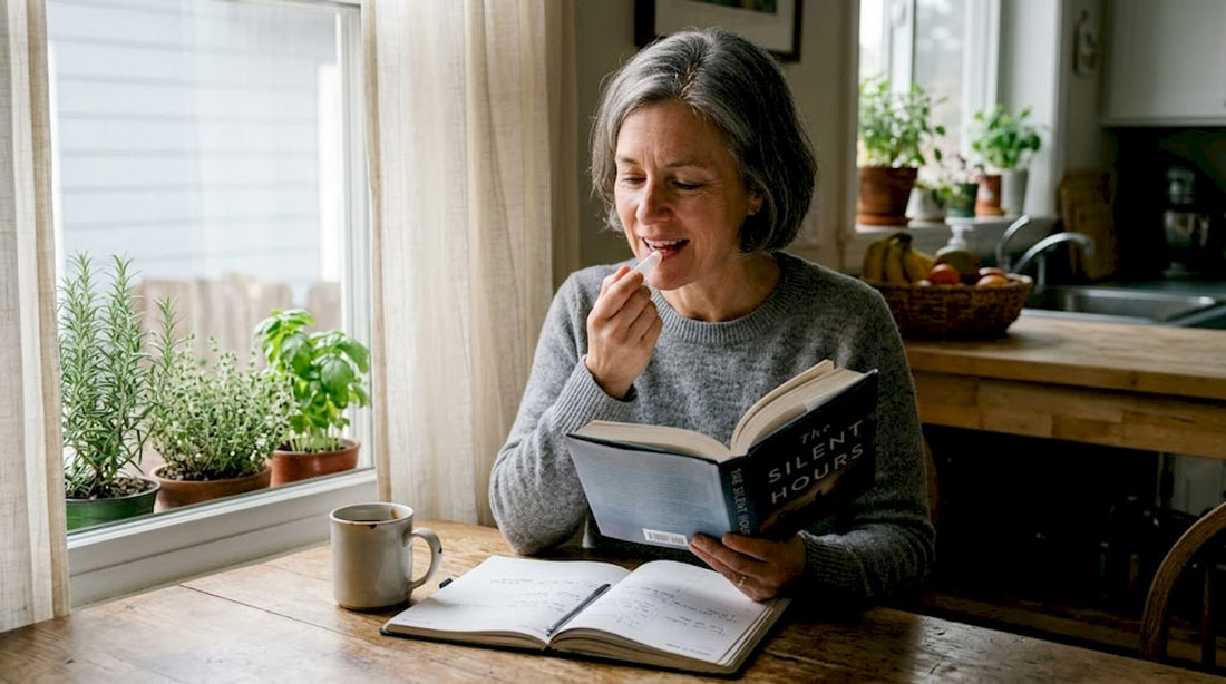 Woman using transparent lip balm at kitchen table