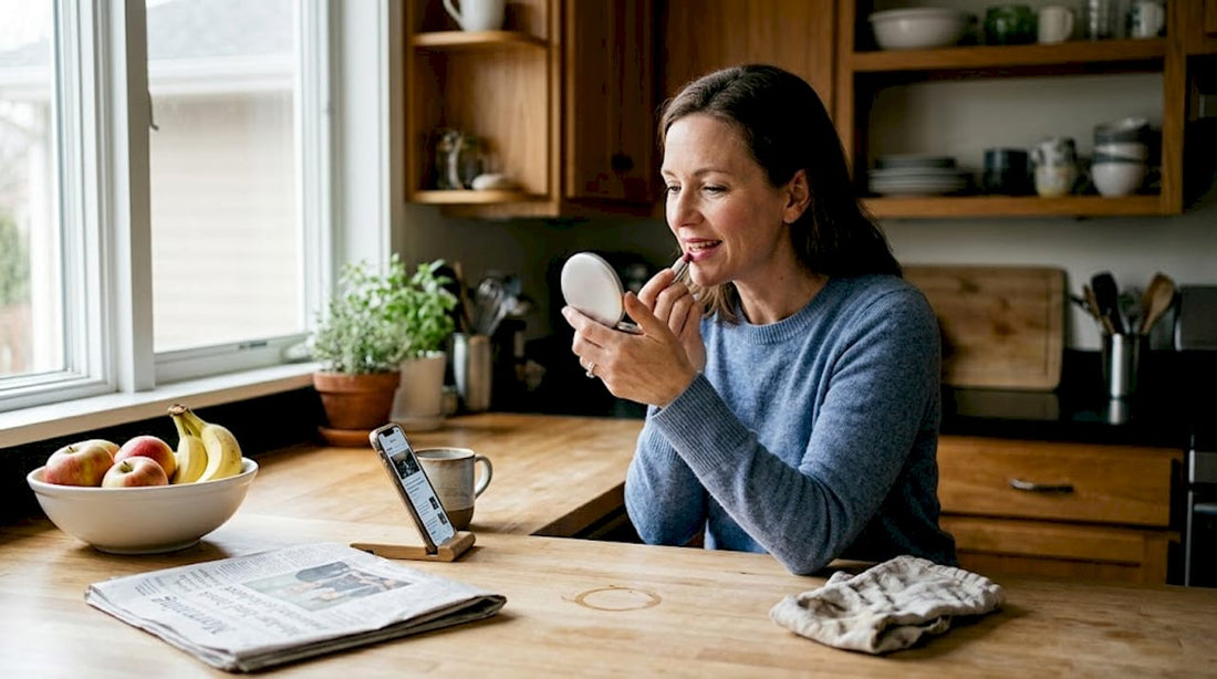 Woman applying lipstick at kitchen counter