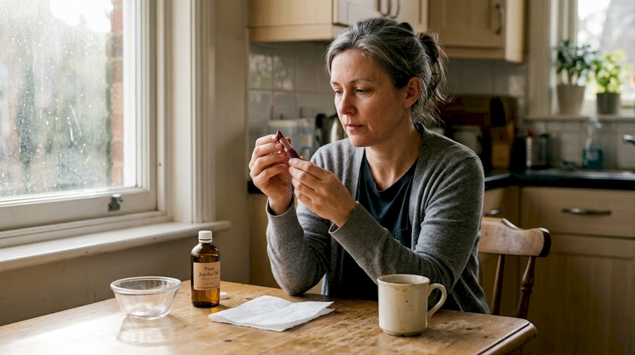 Woman inspecting lipstick at kitchen table