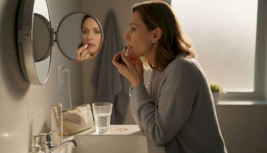 Woman over 40 applying lipstick in bathroom