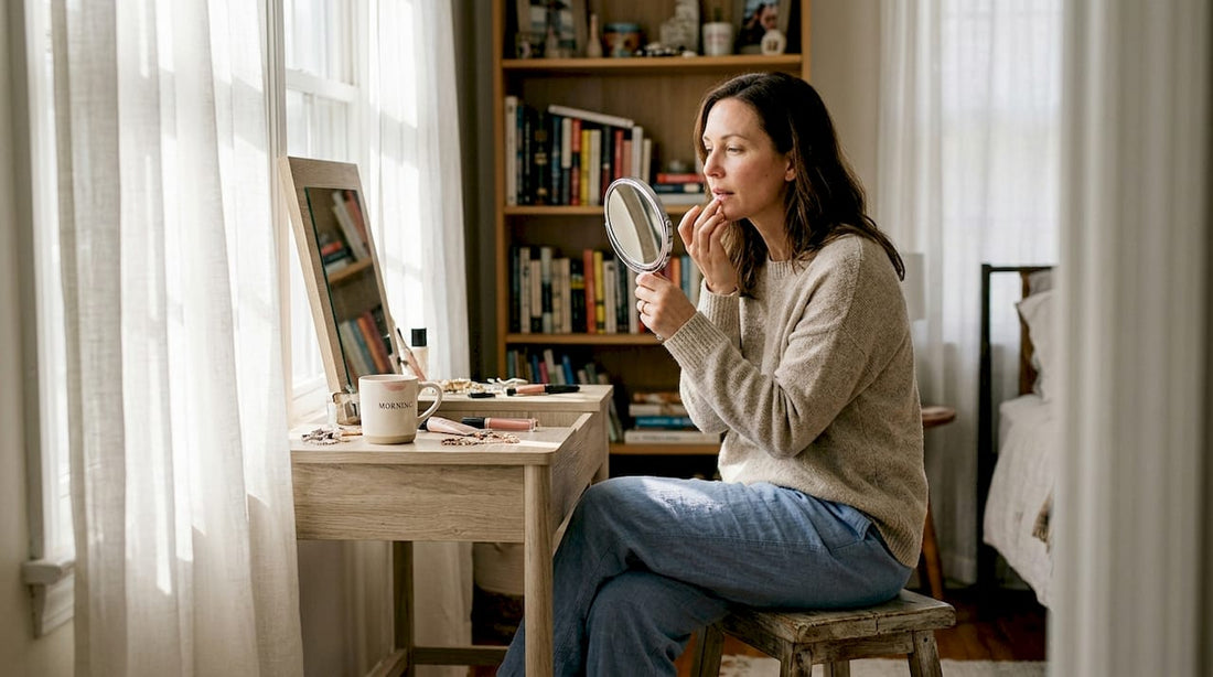 Woman examining lips in bedroom mirror