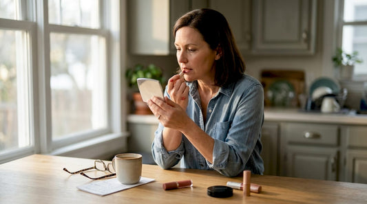 Woman applying ombre lips at kitchen counter