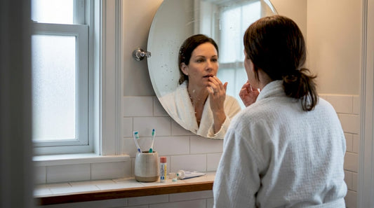 Woman examining lips in softly lit bathroom mirror