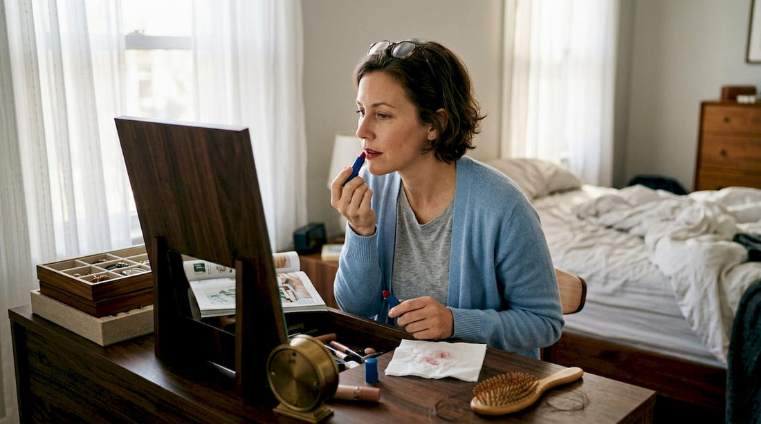 Woman 40s applying blue red lipstick bedroom