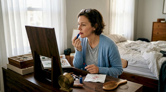Woman 40s applying blue red lipstick bedroom