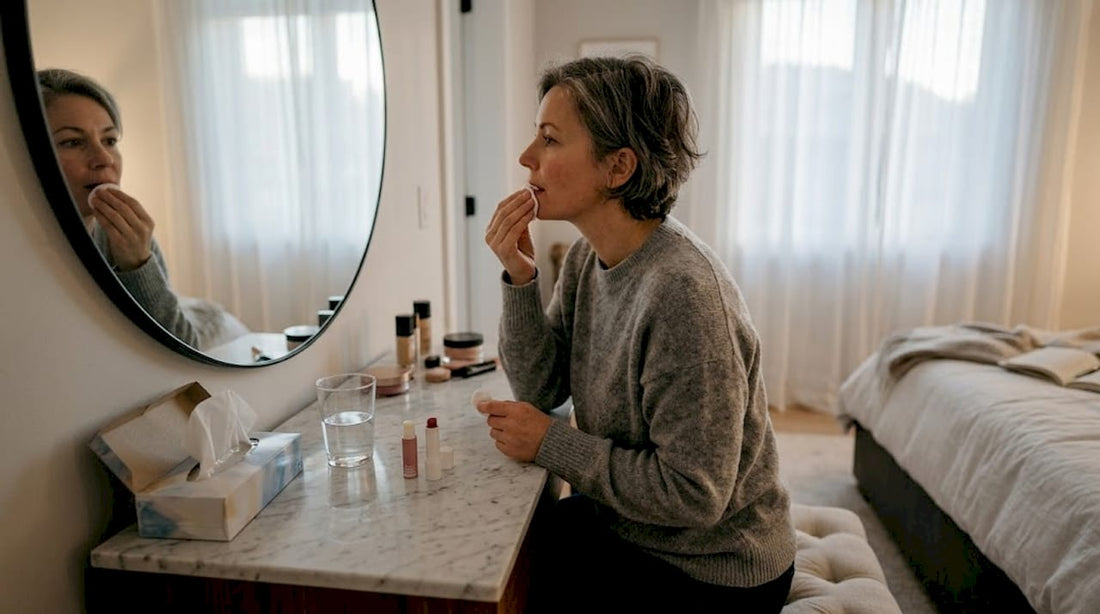 Woman carefully removing lipstick at vanity