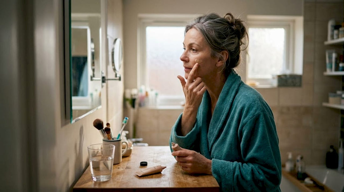Woman over 50 applying makeup base in bathroom