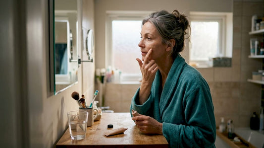 Woman over 50 applying makeup base in bathroom