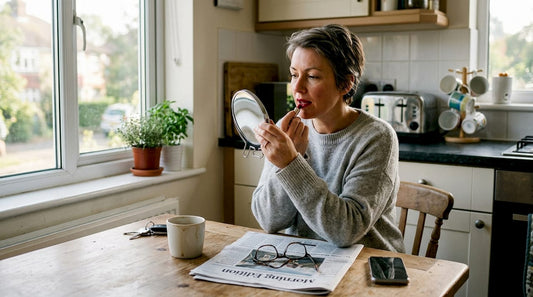 Woman over 40 applies bold lipstick