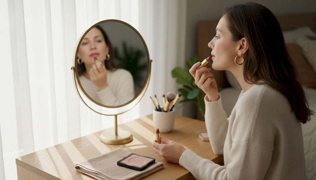 Woman over 40 putting on lipstick at vanity