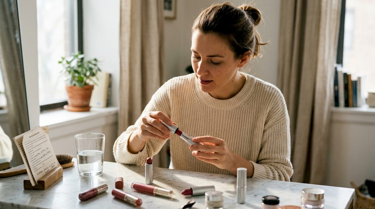 Woman assembling refillable lipstick at vanity