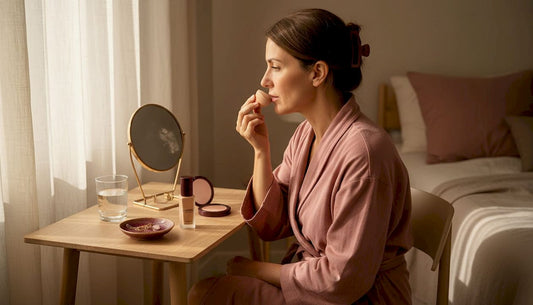 Woman over forty blending makeup at vanity