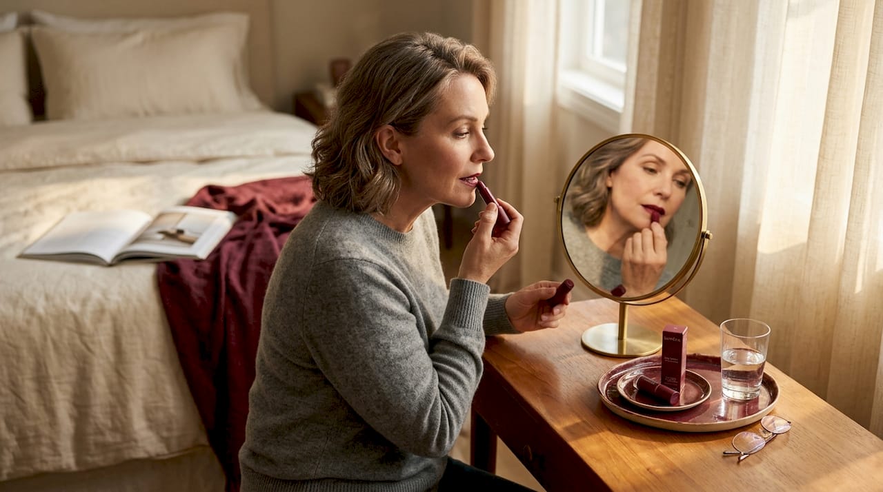 Woman applying lipstick at home vanity