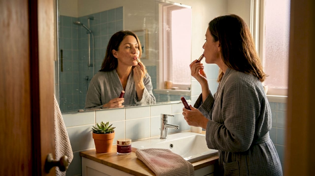 Woman in morning routine applying lip balm near mirror