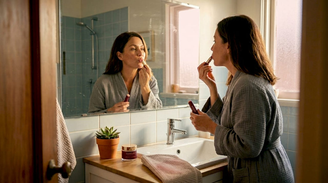 Woman in morning routine applying lip balm near mirror