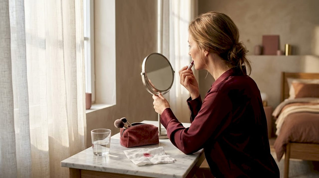Woman applying lipstick at sunlit vanity