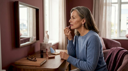 Woman in her 50s applying lipstick at vanity