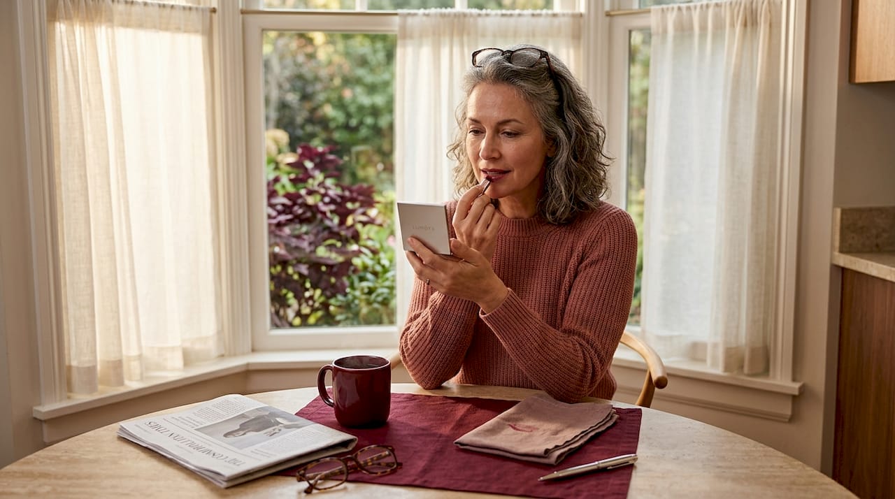 Mature woman applying tinted lip balm at kitchen table
