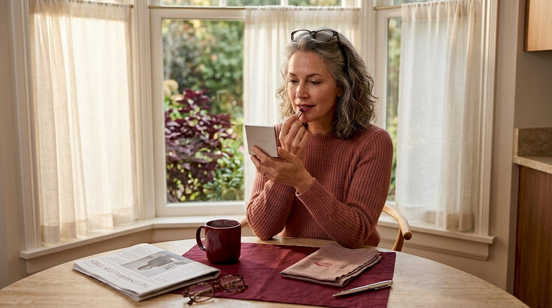 Mature woman applying tinted lip balm at kitchen table