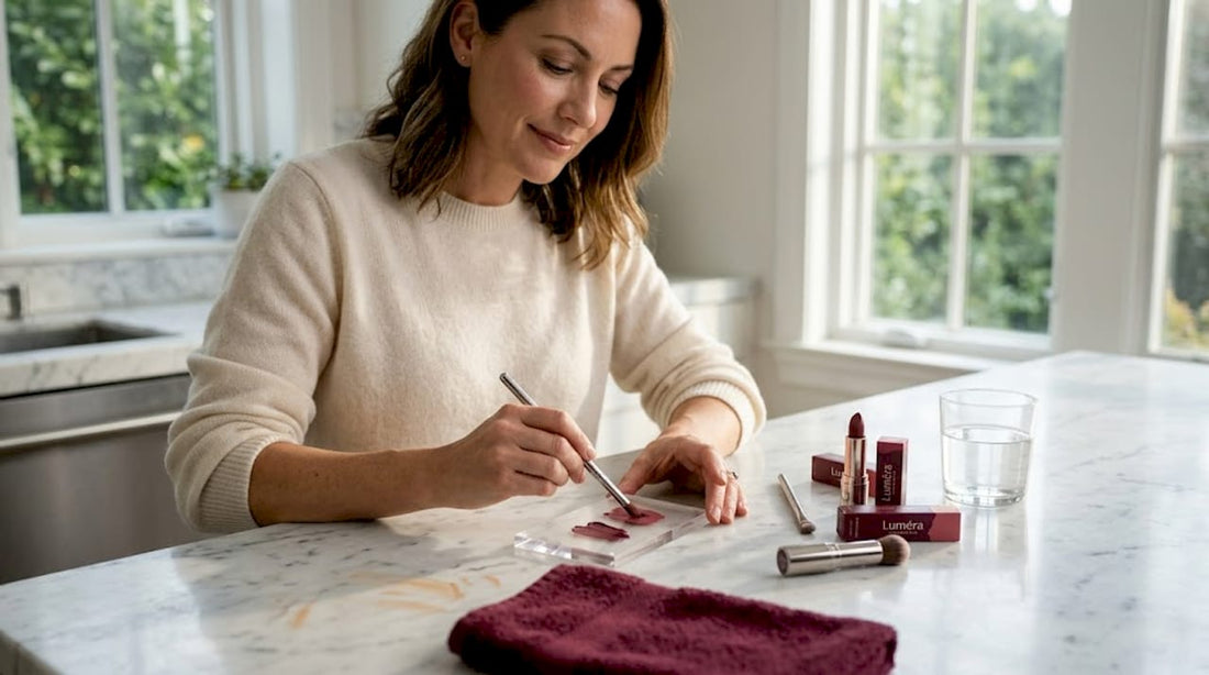 Woman mixing lipsticks at kitchen counter